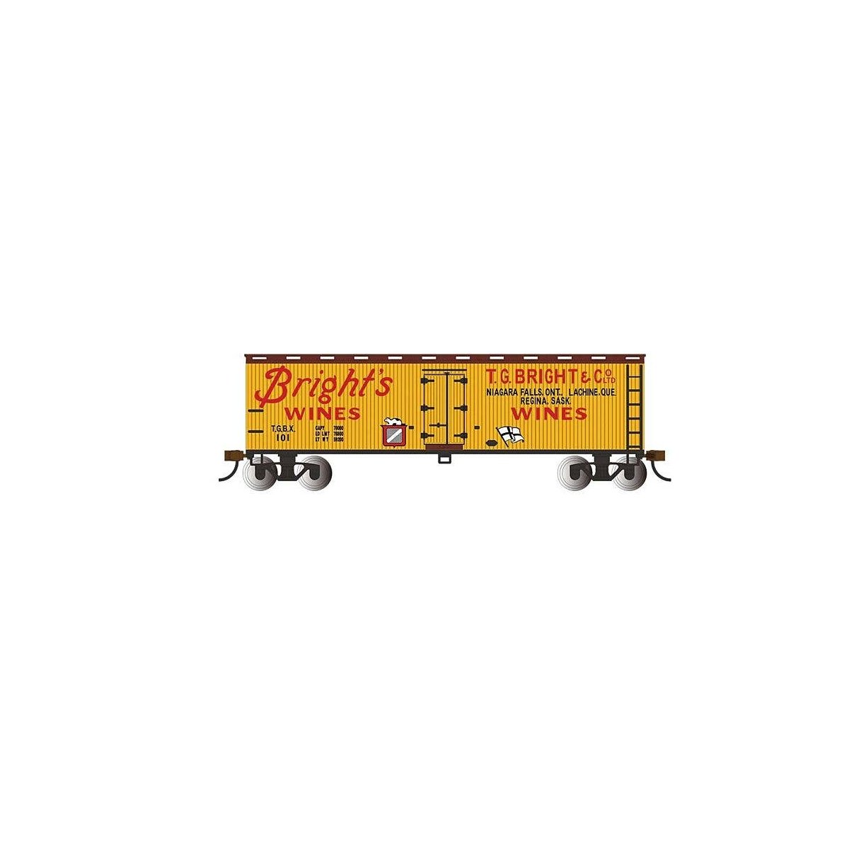 40` Wood Reefer - Ready to Run - Silver Series(R) -- Bright`s Wines (yellow, Boxcar red, red, HO, Bachmann Industries 19809