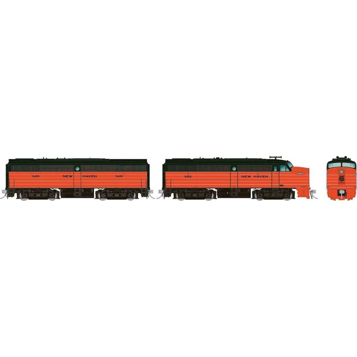 Alco FA1-FB1 Set - Standard DC -- New Haven 0416, 0457 (As Delivered, orange, green, silver)