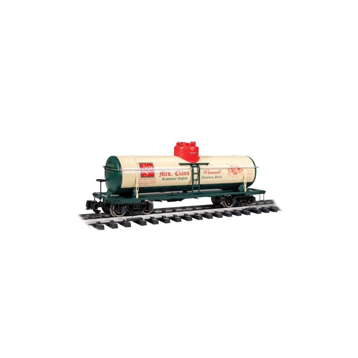 Single-Dome Tank Car - Ready to Run -- North Pole & Southern 12024 (Christmas, cream, green, , G, Bachmann Industries 95007