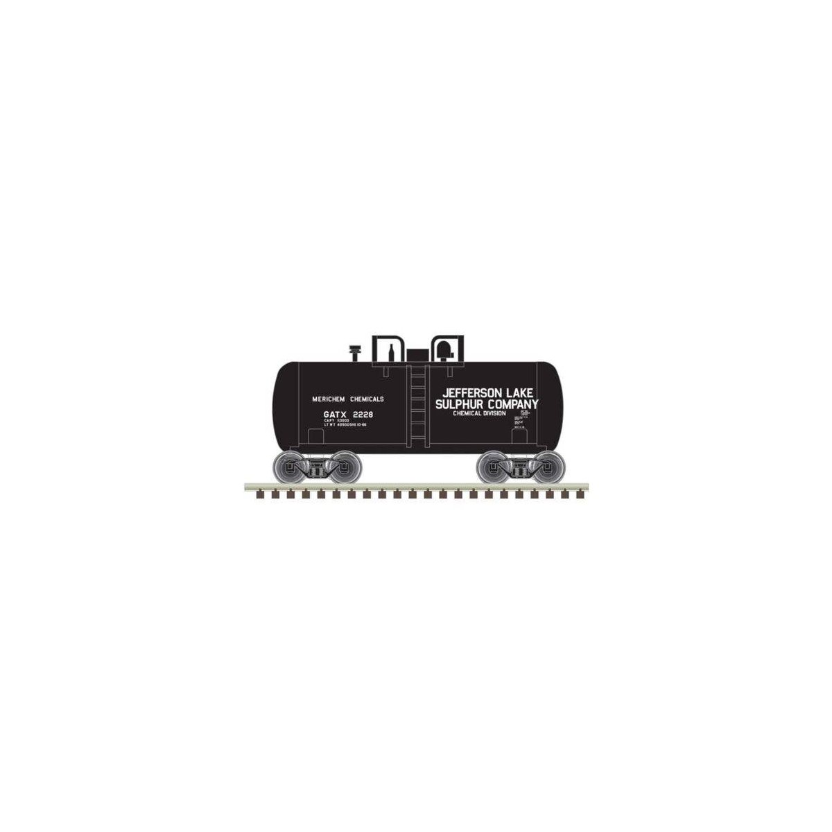 28′ Beer Can Shorty Tank Car - Ready to Run -- Jefferson Lake Sulphur GATX 2229 (black, white), N, Trainman 50006878