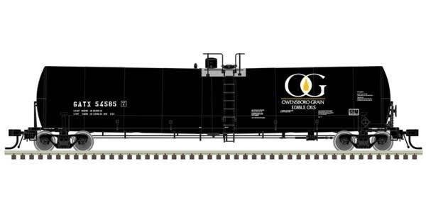 Trinity 25,500-Gallon Tank Car - Ready to Run -- Owensboro Grain GATX 54553 (black, w, N, Atlas Model Railroad Co. 50006175