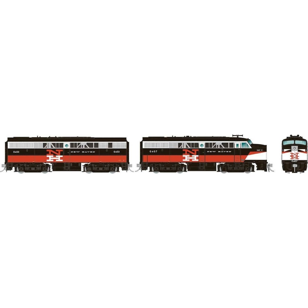 Alco FA1-FB1 Set - LokSound and DCC -- New Haven 0407, 0452 (McGinnis Scheme, black, vermillion, white)