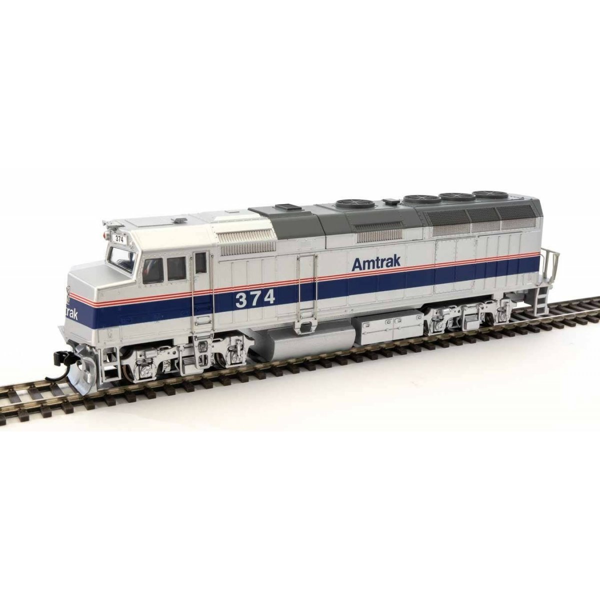 EMD F40PH - ESU Sound and DCC -- Amtrak(R) 374 (Phase IV silver, Wide Blue, Thin Red, White Stripes)