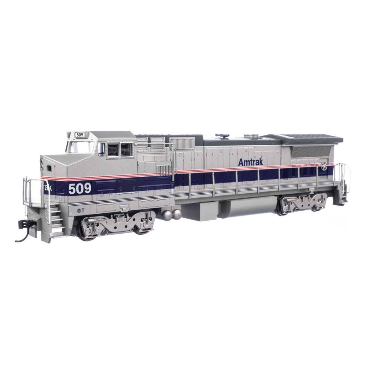 GE Dash 8-32BWH - ESU(R) Sound & DCC -- Amtrak(R) 509 - Phase IV (silver, blue stripe, red & white pinstripes)