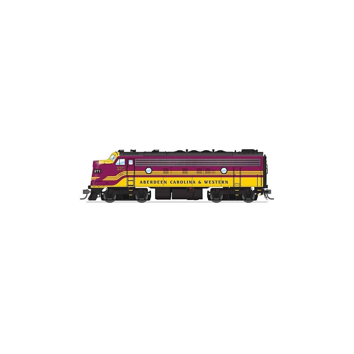 EMD F7A - Standard DC - Stealth -- Aberdeen, Carolina & Western ACWR 271 (magenta, yello, HO, Broadway Limited Imports 9682
