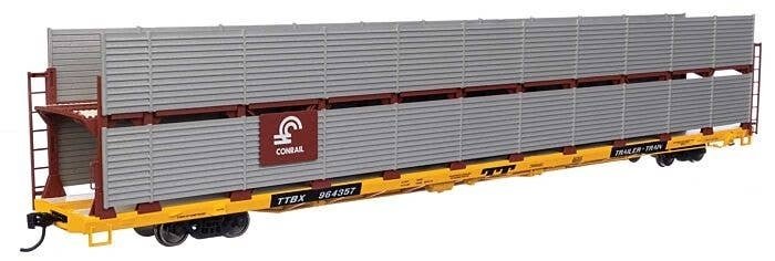 89′ Flatcar w/Bi-Level Shielded Auto Rack - Ready to Run -- Conrail Rack/ Trailer-Train Flatcar , HO, WalthersMainline 8112