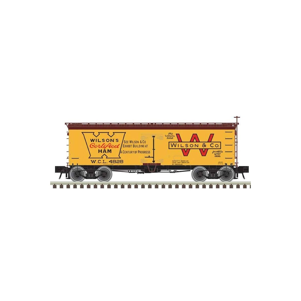 36′ Wood Reefer - Ready to Run - Master(R) -- Wilson Packing Certified Ham 4824 (yellow, Boxcar Red, red)