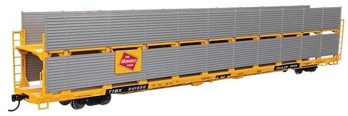 89′ Flatcar w/Bi-Level Shielded Auto Rack - Ready to Run -- Milwaukee Road Rack / Trailer-Train , HO, WalthersMainline 8118
