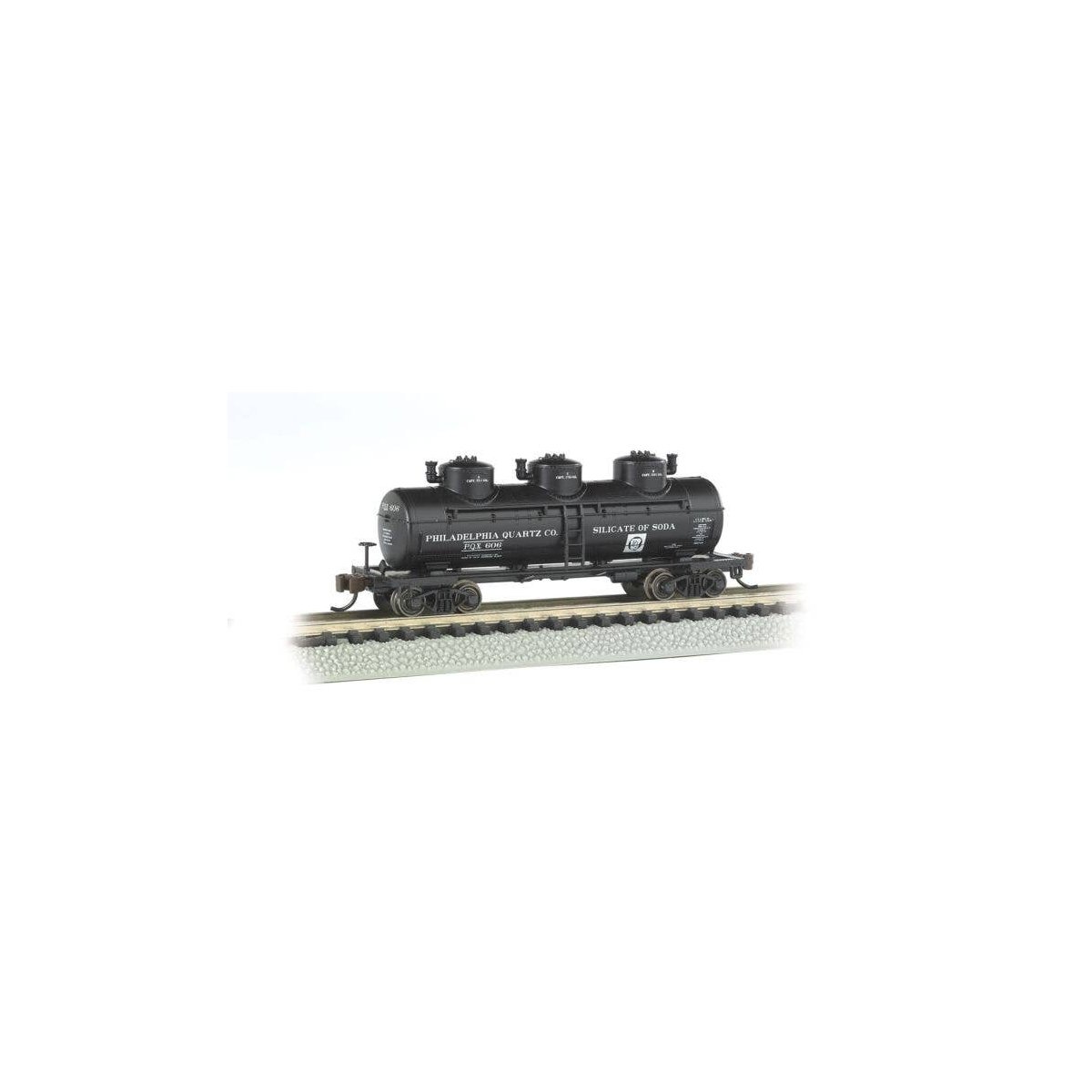 3-Dome Tank Car - Ready to Run -- Philadelphia Quartz Co. (black), N, Bachmann Industries 17151