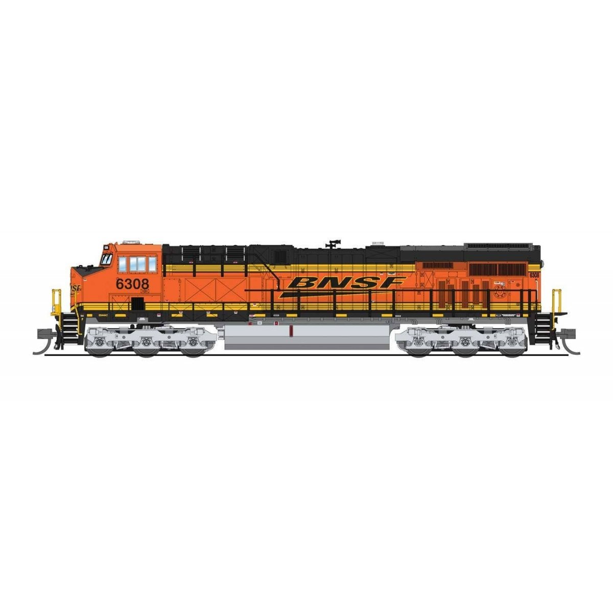 GE ES44AC - Standard DC - Stealth -- BNSF Railway 6308 (H3, orange, black, yellow, Wedge Logo)