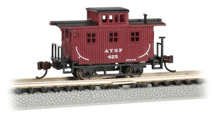 Old-Time Wood Bobber Caboose - Ready to Run -- Atchison, Topeka & Santa Fe 25 (Boxcar Red), N, Bachmann Industries 15753