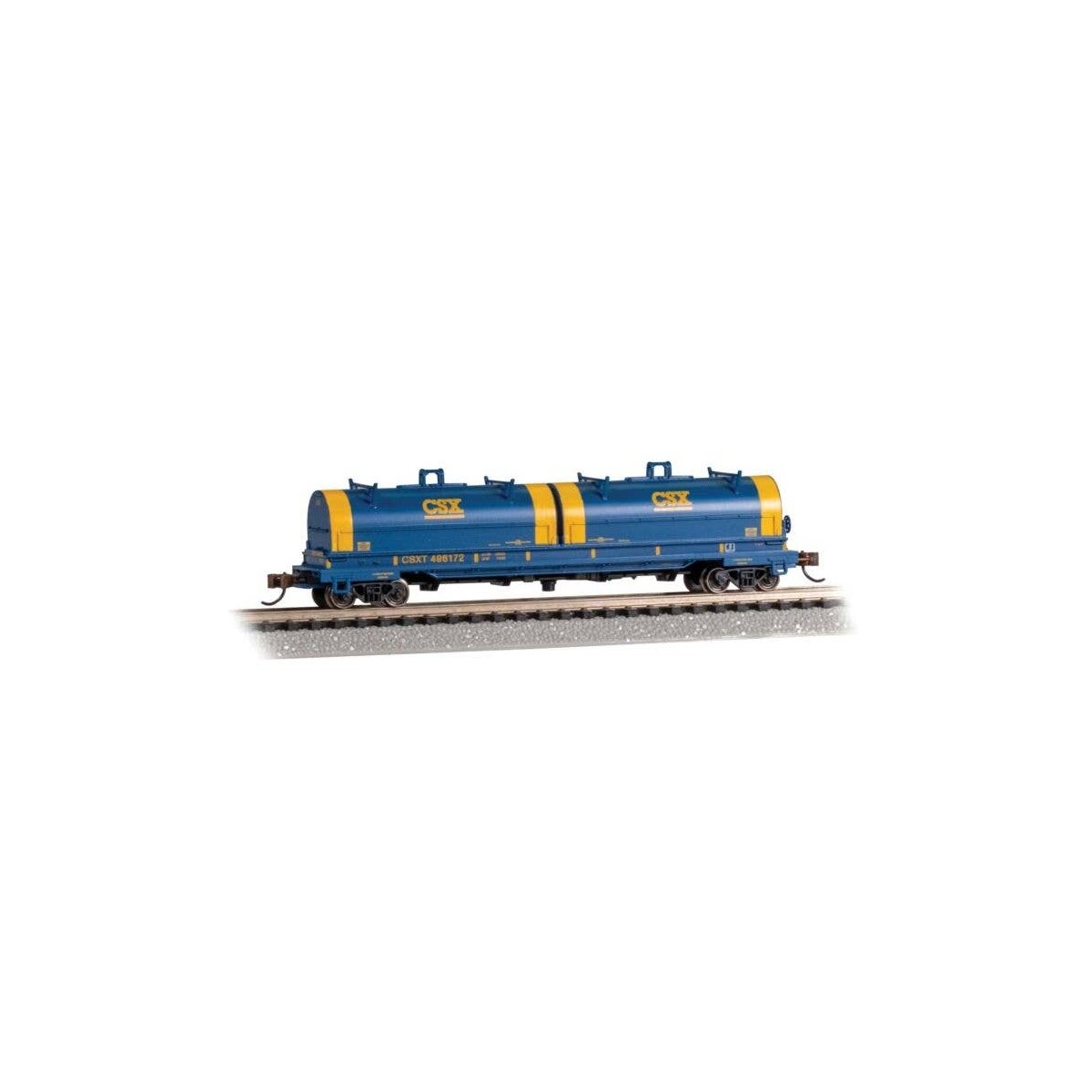 55′ Coil Car with Round Hoods and Load - Ready to Run -- CSX 496172 (blue, yellow hood ends, , N, Bachmann Industries 71452