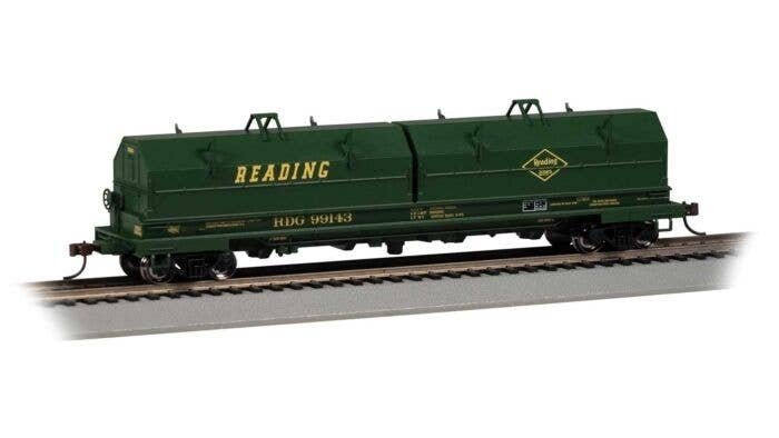 55′ Coil Car with Angled Hoods and Load - Ready to Run -- Reading 99143 (green, yellow), HO, Bachmann Industries 71427