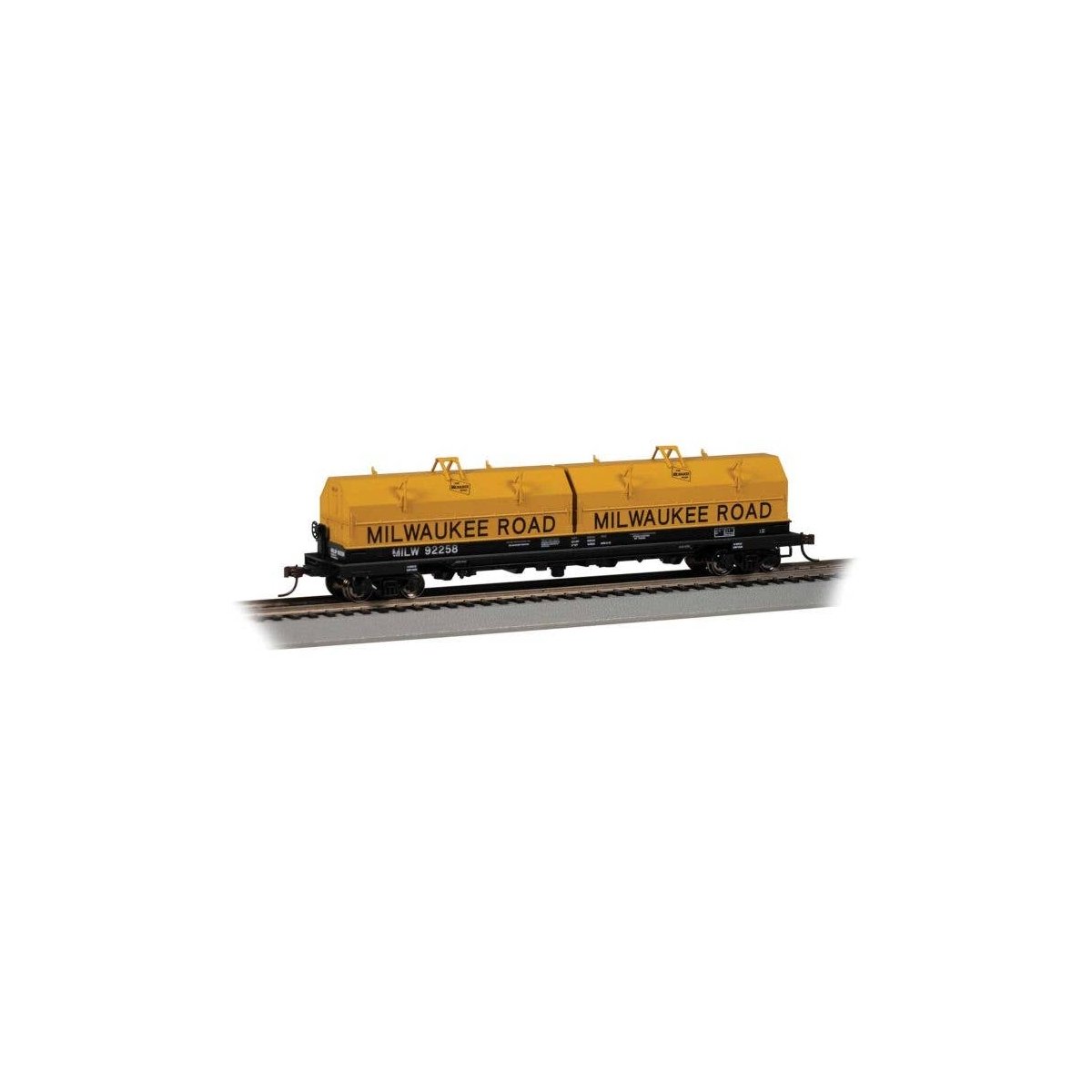 55′ Coil Car with Angled Hoods and Load - Ready to Run -- Milwaukee Road 92258 (black, yello, HO, Bachmann Industries 71426