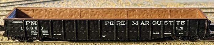 52`6` 15-Panel Mill Gondola - Lightly Dented Sides - Ready to Run -- Pere Marquette 18863 (black, w, N, Bluford Shops 52160