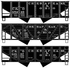 USRA 55-Ton, Wood, Panel-Side 2-Bay Hopper Set - Kit -- Chesapeake & Ohio 65249, 54736, 63897 (black, HO, Accurail Inc 8186