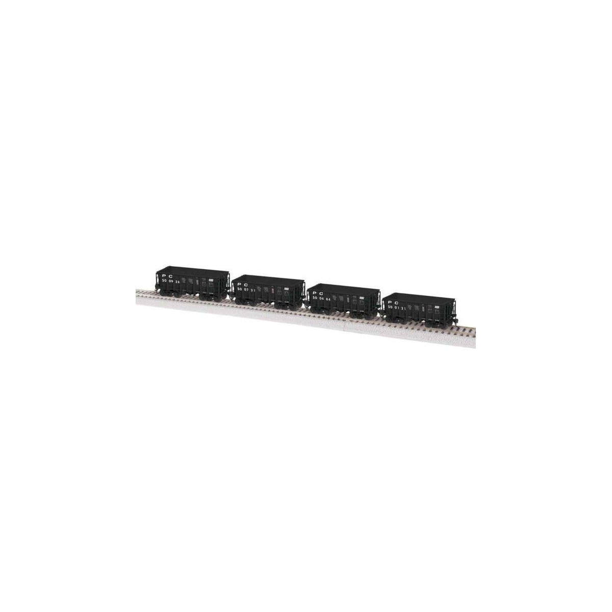 Class G38 Ore Car 4-Pack - Ready to Run -- Penn Central 500121, 500484, 500731, 500928 (black), HO, Lionel 2474111