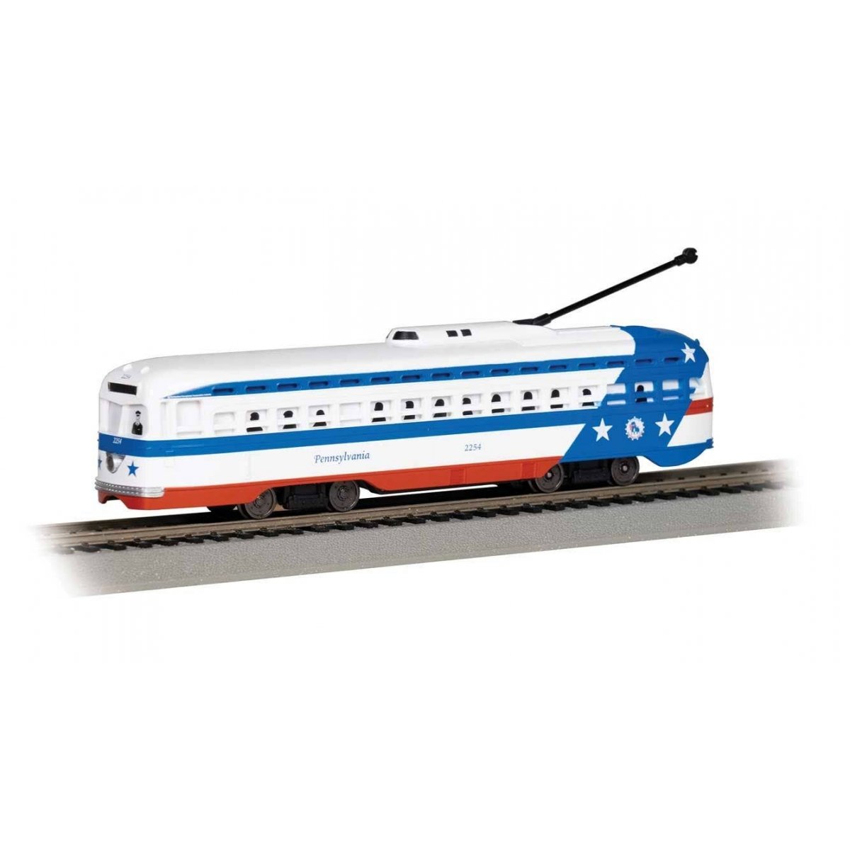 PCC Streetcar - Standard DC -- SEPTA 2254 (Bicentennial, white, blue, red)