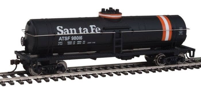 Tank Car - Ready to Run -- Atchison, Topeka & Santa Fe 98016 (black, Orange & White Stripes), HO, WalthersTrainline 1444