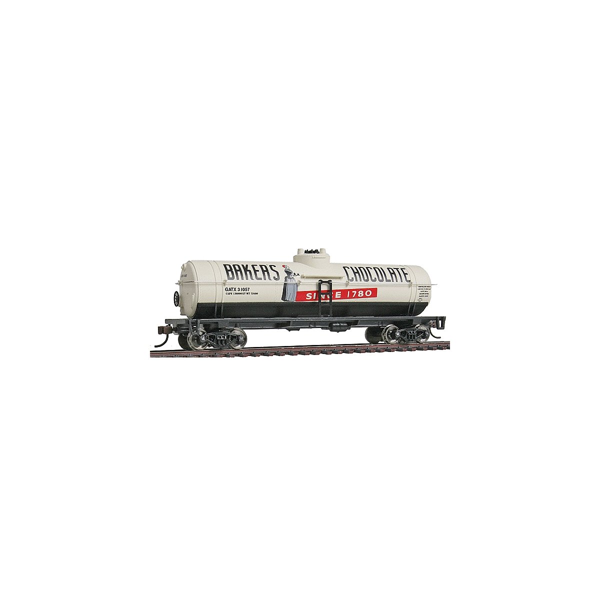 40` Tank Car - Ready to Run -- Baker`s Chocolate GATX 31057 (white, black, red), HO, WalthersTrainline 1615