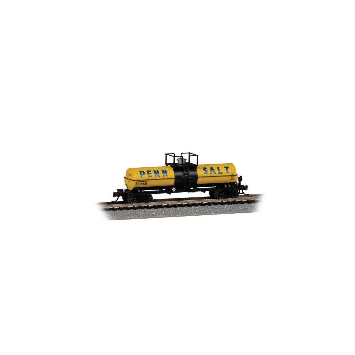 Chemical Tank Car with Small Dome - Ready to Run -- Penn Salt TELX 237 (yellow, black, blue), N, Bachmann Industries 75852