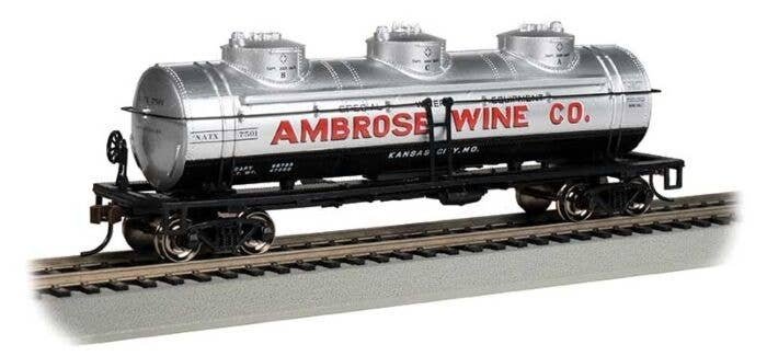 40′ 3-Dome Tank Car - Ready to Run - Silver Series(R) -- Ambrose Wine Co. NATX 7501, HO, Bachmann Industries 17111