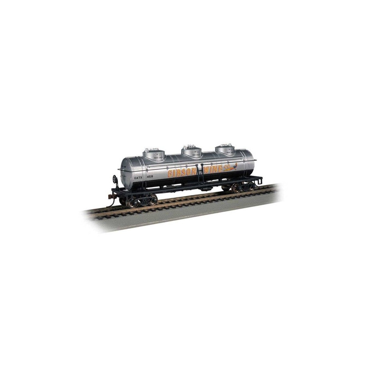 40′ 3-Dome Tank Car - Ready to Run - Silver Series(R) -- Gibson Wine Co. GATX 459 (silver, o, HO, Bachmann Industries 17115