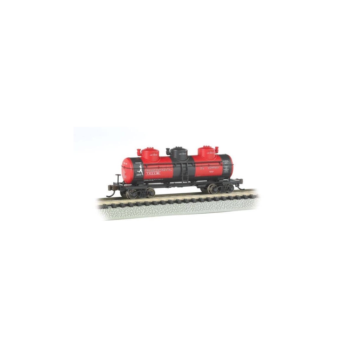 3-Dome Tank Car - Ready-to-Run -- Transcontinental Oil Co. (black, red), N, Bachmann Industries 17154