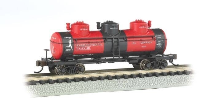 3-Dome Tank Car - Ready-to-Run -- Transcontinental Oil Co. (black, red), N, Bachmann Industries 17154