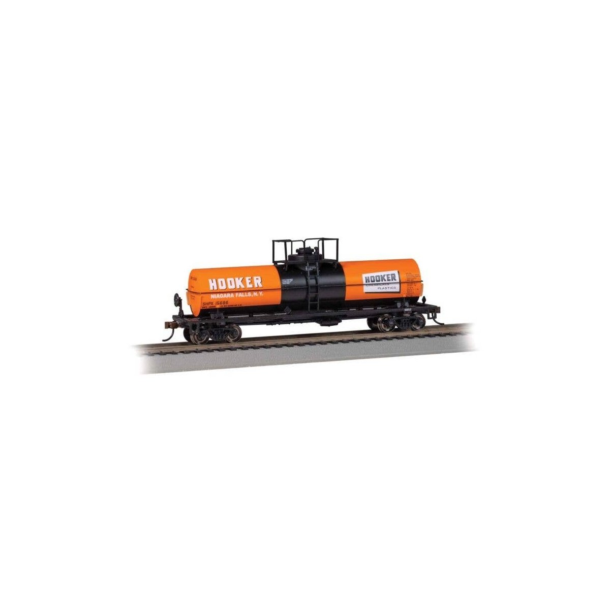 Chemical Tank Car - Ready to Run -- Hooker Chemicals SHPX 15686 (orange, black, red), HO, Bachmann Industries 75803