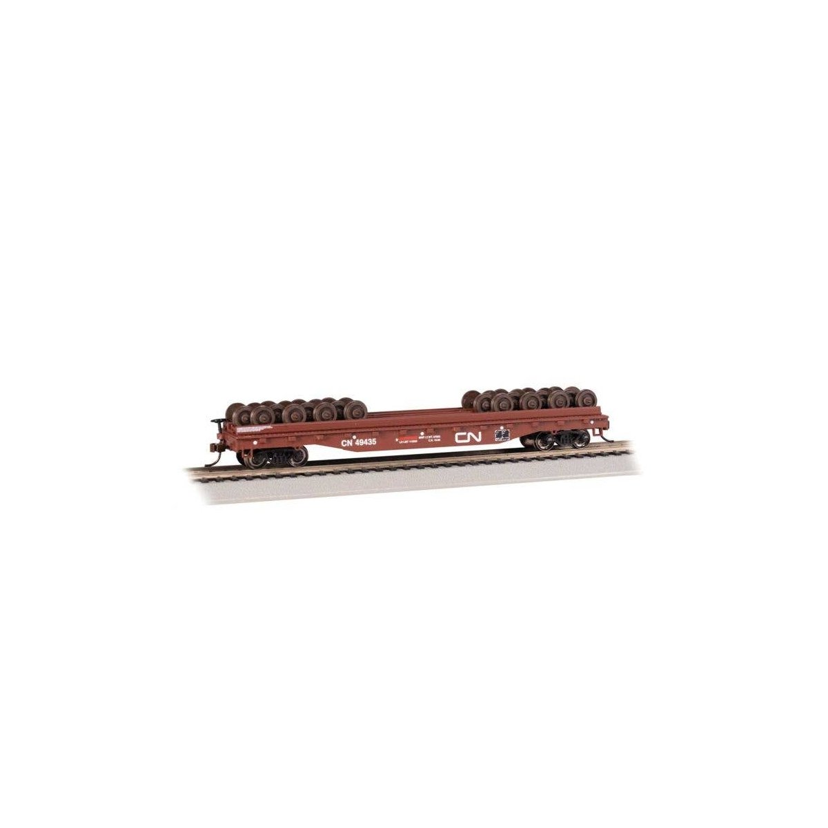 52′ Wheel Flatcar with Load - Ready to Run -- Canadian National 49435 (Boxcar Red, Noodle Lo, HO, Bachmann Industries 18938