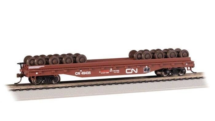 52′ Wheel Flatcar with Load - Ready to Run -- Canadian National 49435 (Boxcar Red, Noodle Lo, HO, Bachmann Industries 18938