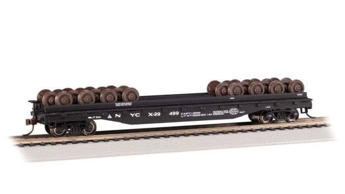 52′ Wheel Flatcar with Load - Ready to Run -- New York Central X-29499 (black), HO, Bachmann Industries 18936