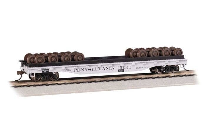 52′ Wheel Flatcar with Load - Ready to Run -- Pennsylvania Railroad 491311 (gray, black), HO, Bachmann Industries 18939