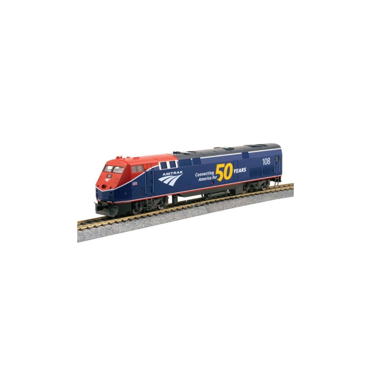 GE P42 Genesis - Standard DC -- Amtrak 108 (50th Anniversary, Phase VI blue, red), HO, Kato USA Inc 376115