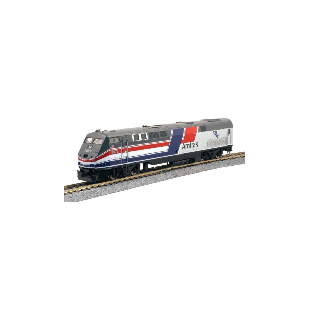 GE P42 Genesis - Standard DC -- Amtrak 160 (50th Anniversary, Phase III Hockey Stick silver, blue,, HO, Kato USA Inc 376116