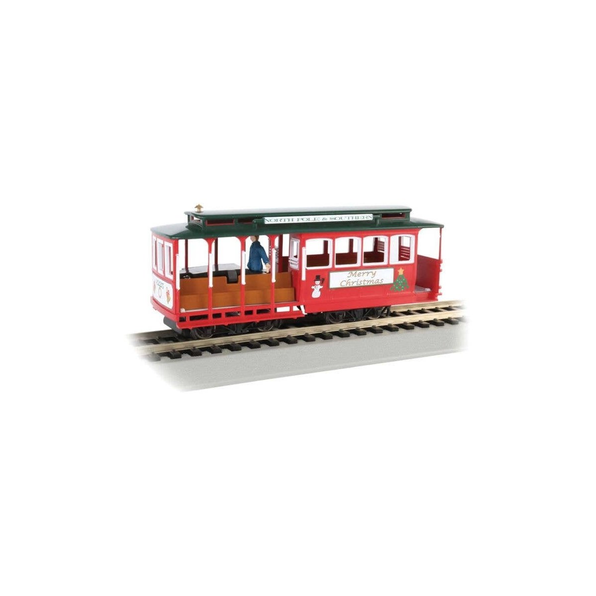Cable Car with Grip Man - Standard DC -- North Pole & Southern (`Merry Christmas` red, green, HO, Bachmann Industries 60535