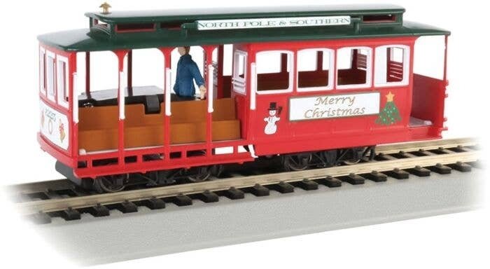 Cable Car with Grip Man - Standard DC -- North Pole & Southern (`Merry Christmas` red, green, HO, Bachmann Industries 60535