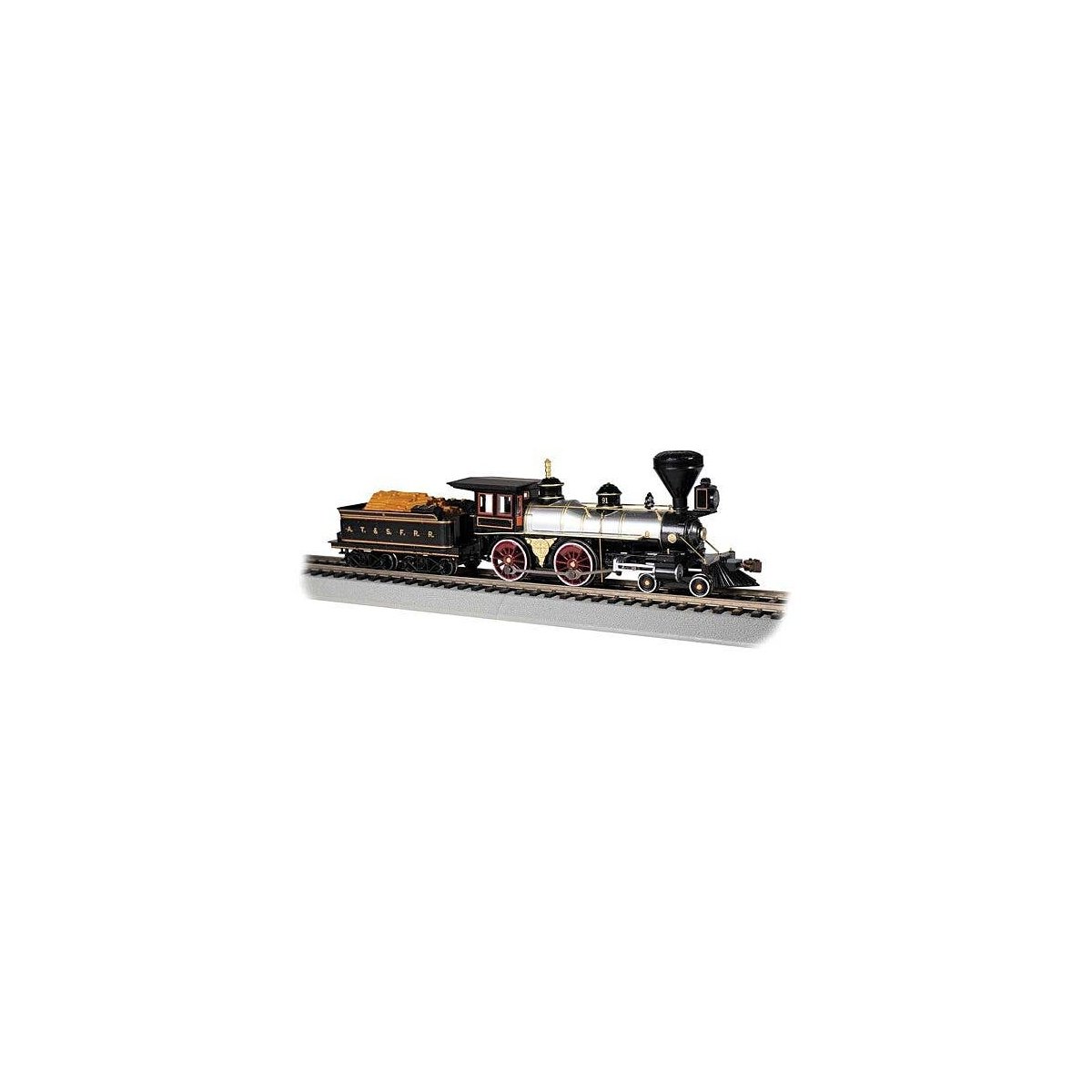 4-4-0 with Wood Tender - Standard DC -- Santa Fe (gray, brown), HO, Bachmann Industries 51007