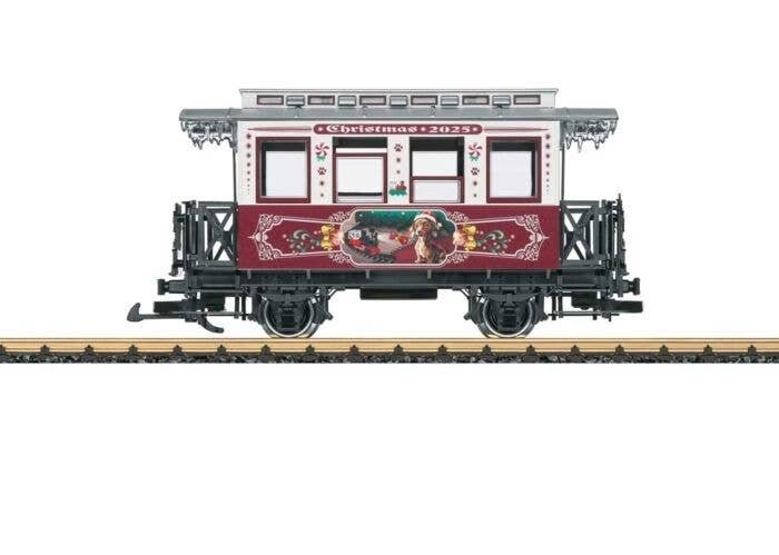 Wooden 2-Axle Passenger Car - Ready to Run -- 2025 Christmas Car (white, red, silver, Dog w/Train Scene), G, LGB 36025