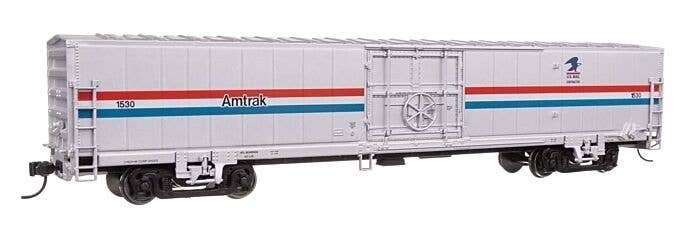 60′ Thrall Material Handling Car MHC-2 - Ready To Run -- Amtrak Phase III w/US Mail Logo 1530, HO, WalthersMainline 31104