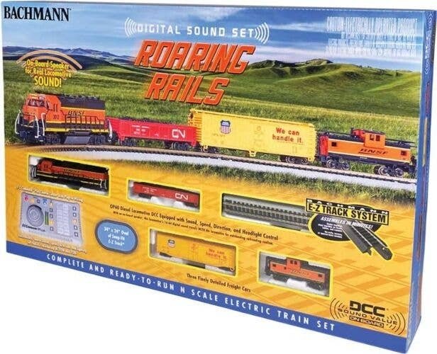 Roaring Rails Diesel Train Set - Sound and DCC -- BNSF Railway GP40, 3 Cars E-Z Track Oval, C, N, Bachmann Industries 24132