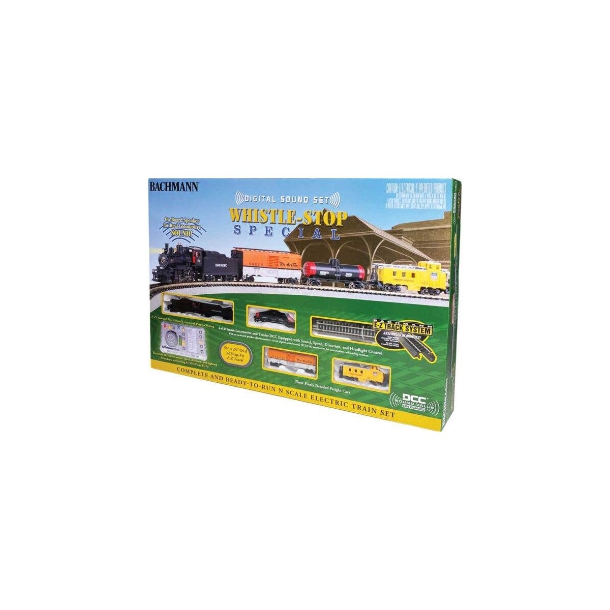 Whistle Stop Steam Train Set - Sound and DCC -- Union Pacific 4-6-0, 3 Cars, E-Z Track Oval, , N, Bachmann Industries 24133