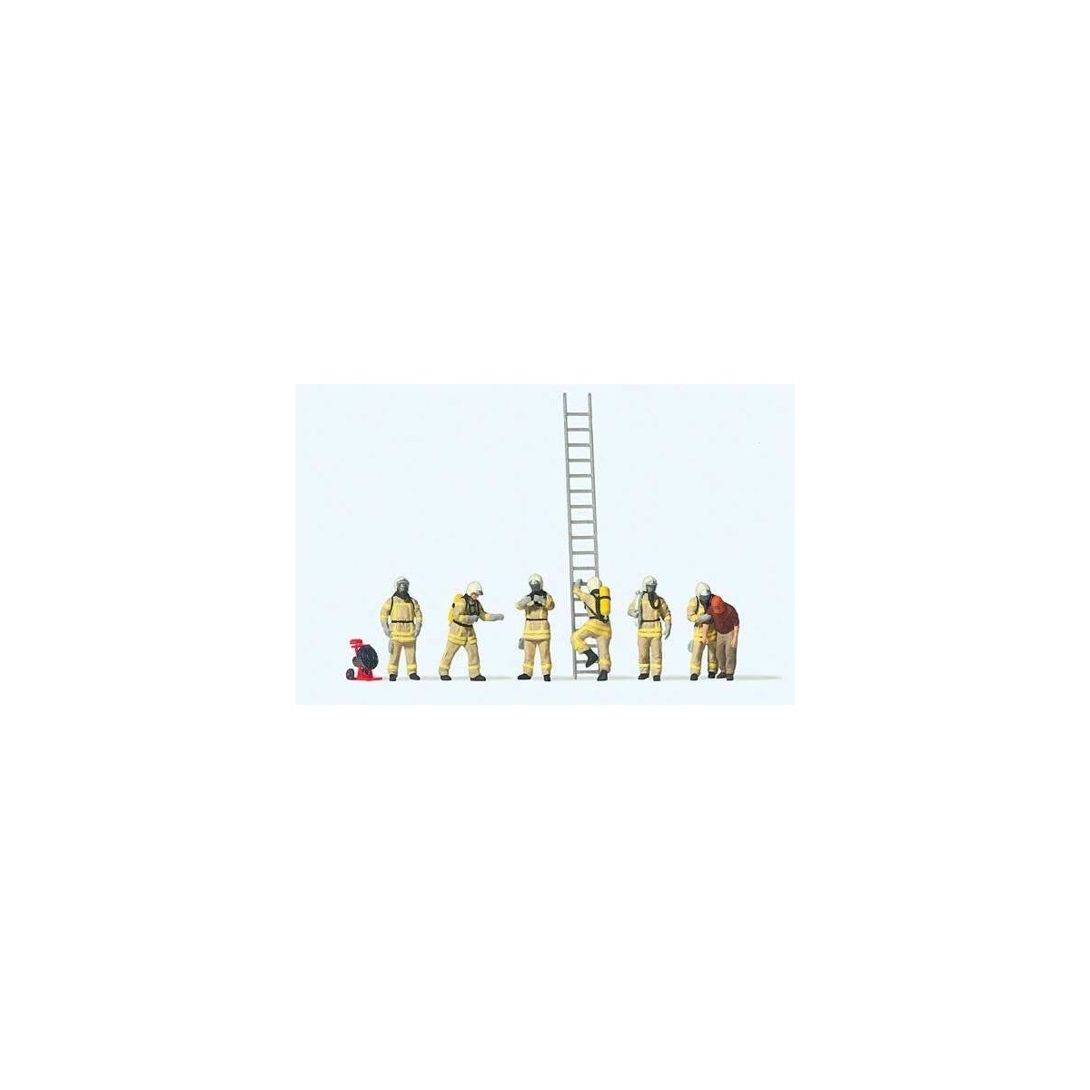 Modern Firefighters with Breathing Apparatus -- 6 Figures in Beige Uniforms, 1 Rescued Man, Accessori, HO, Preiser Kg 10774