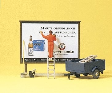 Working People -- Worker On Ladder, Putting Up Poster, Hoarding, Trailer, HO, Preiser Kg 10526