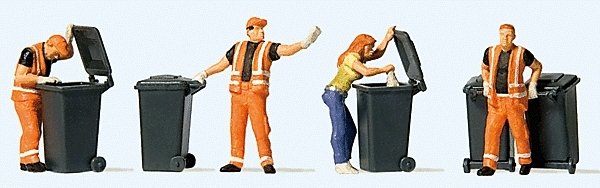 Garbage Collection -- 4 Figures & Carts, HO, Preiser Kg 10651