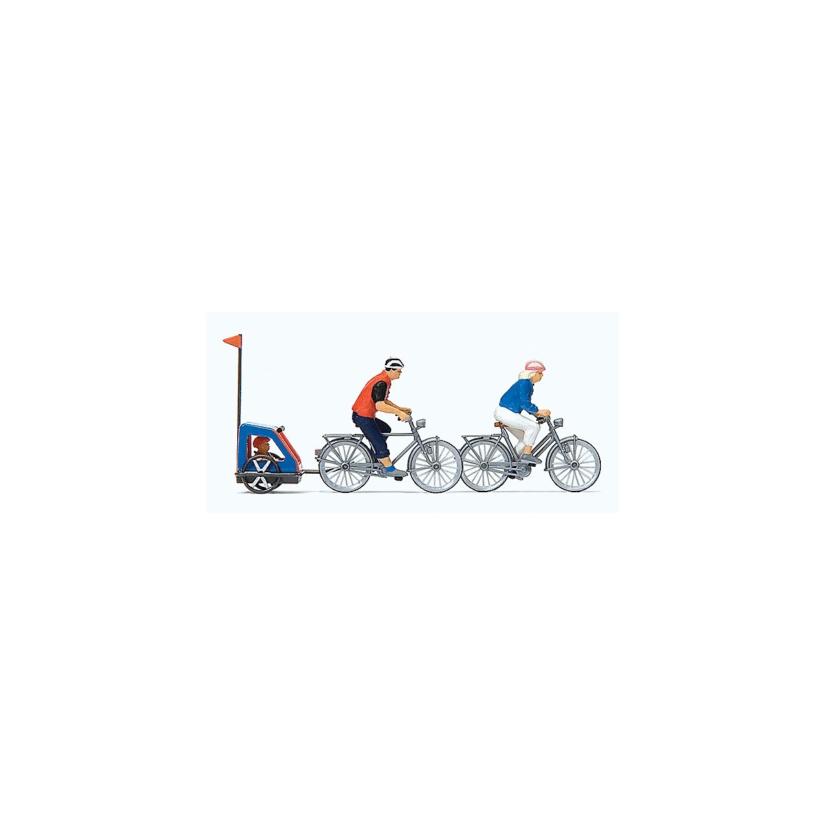 Family on Bicycle Trip -- 2 Riders w/Bikes & Baby Trailer, HO, Preiser Kg 10638