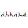Walking Travelers w/Rolling Suitcases -- 3 Men, 3 Women, 6 Suitcases, HO, Preiser Kg 10640