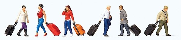 Walking Travelers w/Rolling Suitcases -- 3 Men, 3 Women, 6 Suitcases, HO, Preiser Kg 10640