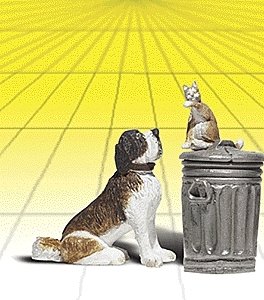 Scenic Accents(R) Figures -- Dog w/Cat On Trashcan, G, Woodland Scenics 2524